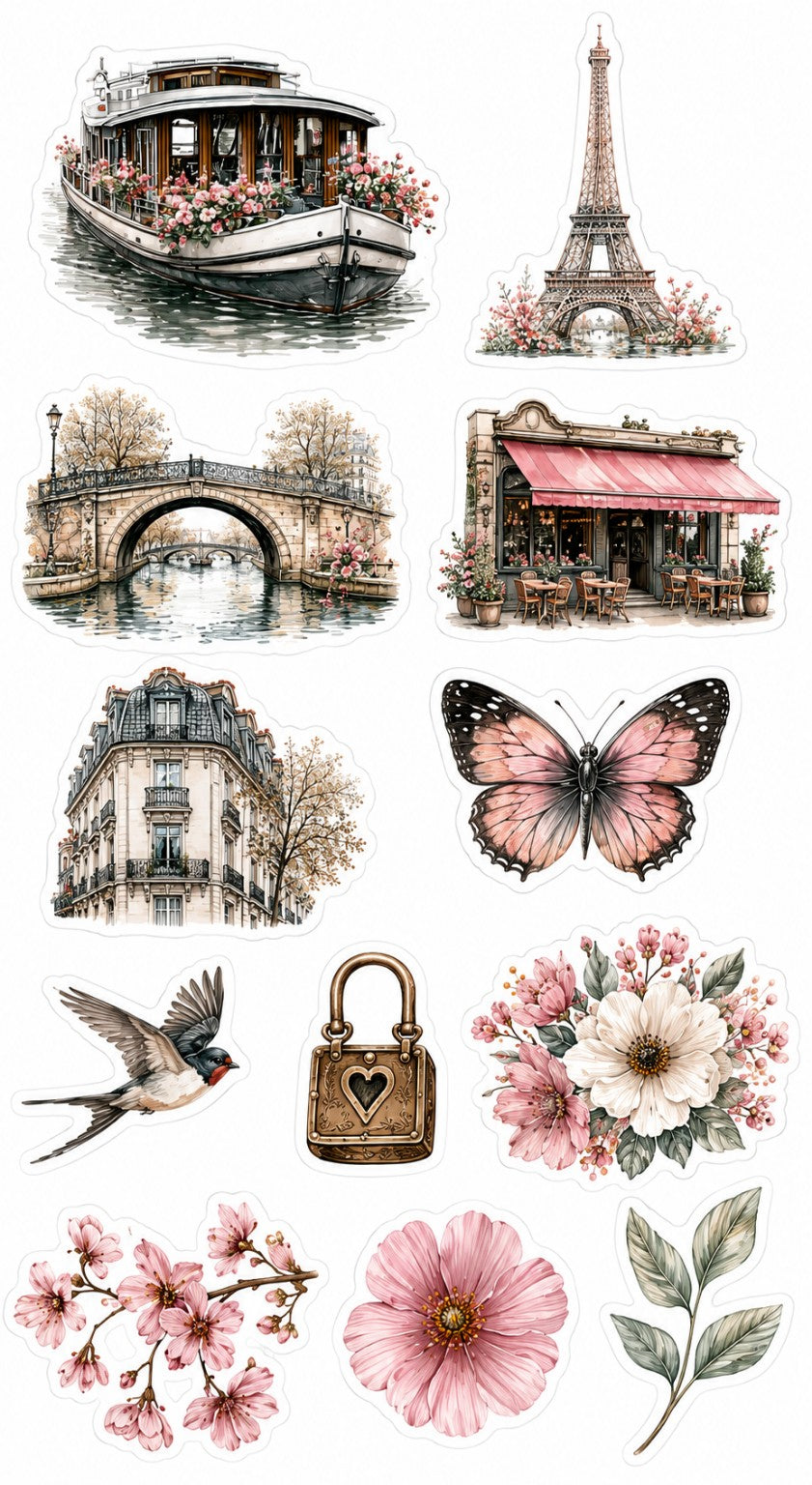 Original Paris Blossom sticker sheet with Eiffel Tower café riverboat and pink flowers