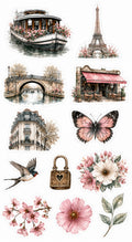 Original Paris Blossom sticker sheet with Eiffel Tower café riverboat and pink flowers