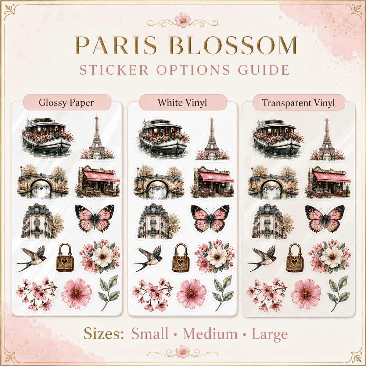 Paris Blossom sticker size and material options guide
