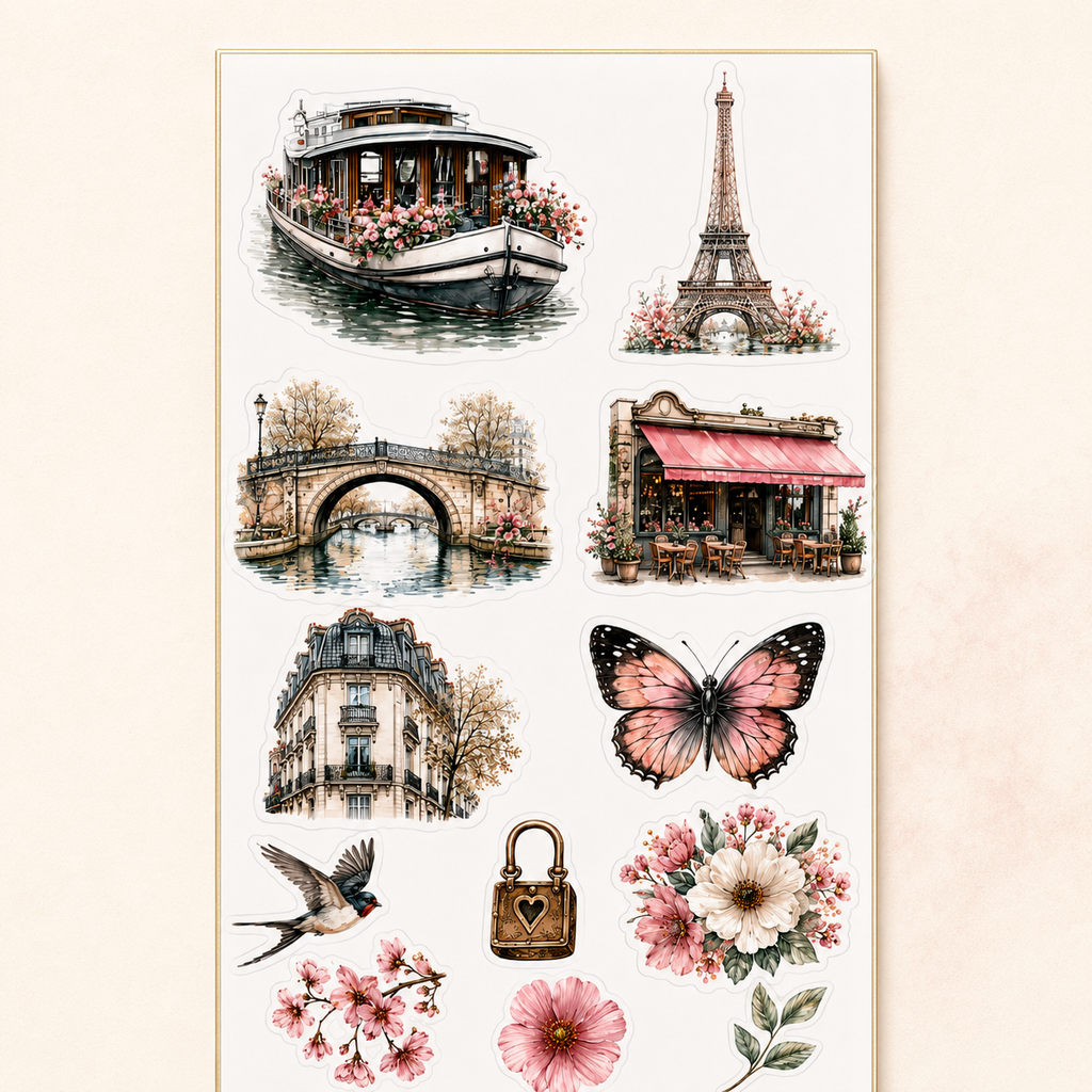 Front view of Paris Blossom journal sticker sheet