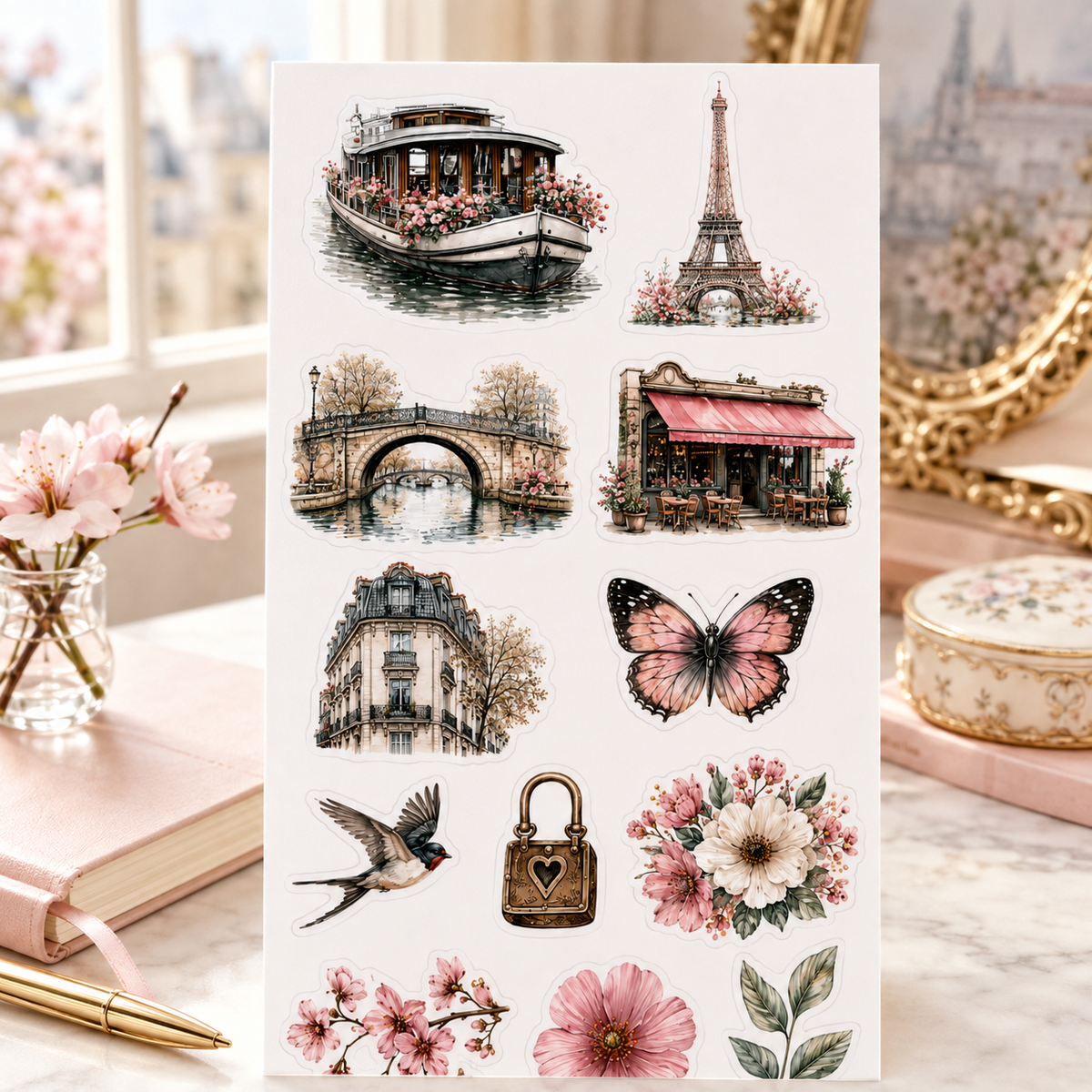 Paris Blossom sticker sheet styled on an elegant blush stationery desk