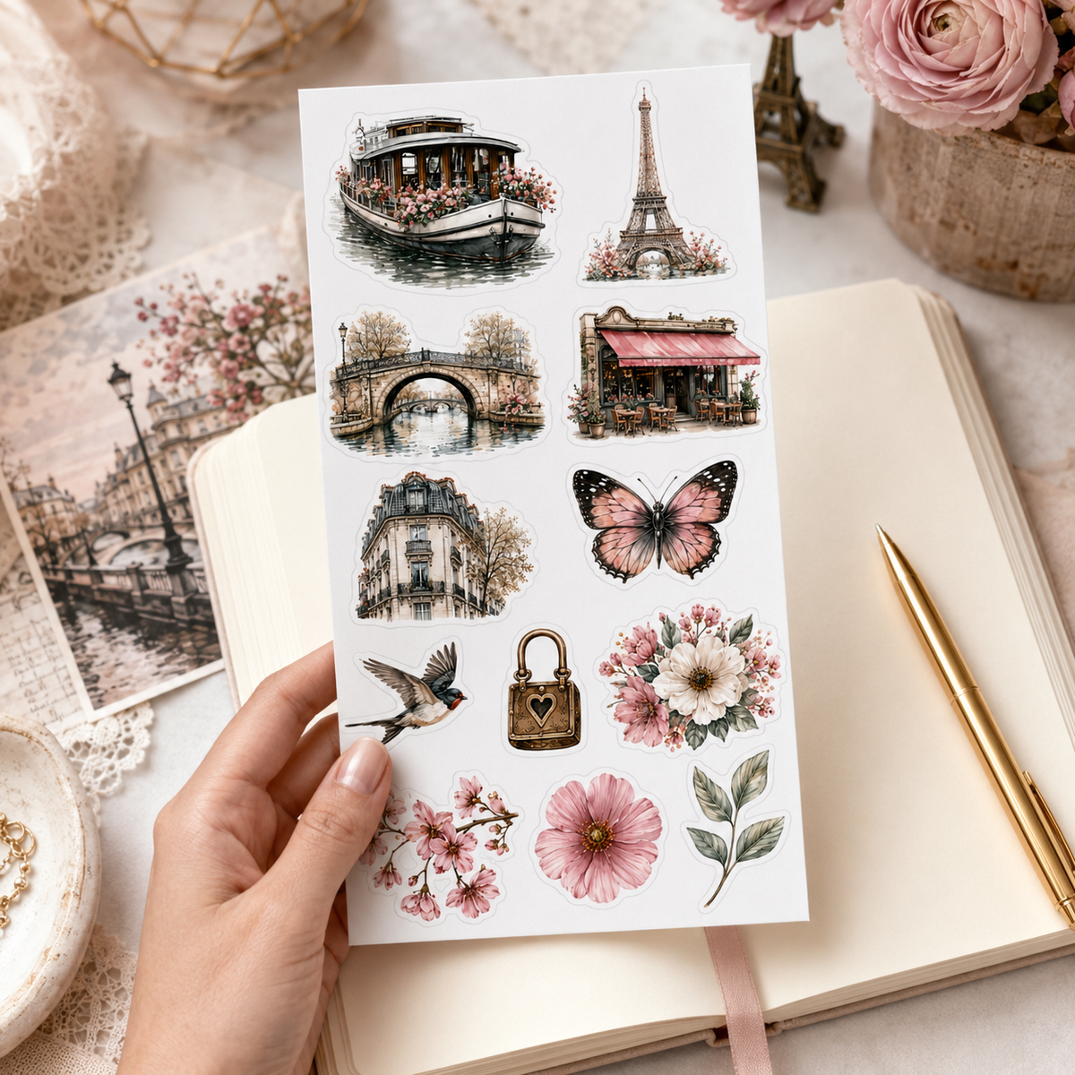 Paris Blossom sticker sheet held above an open journal