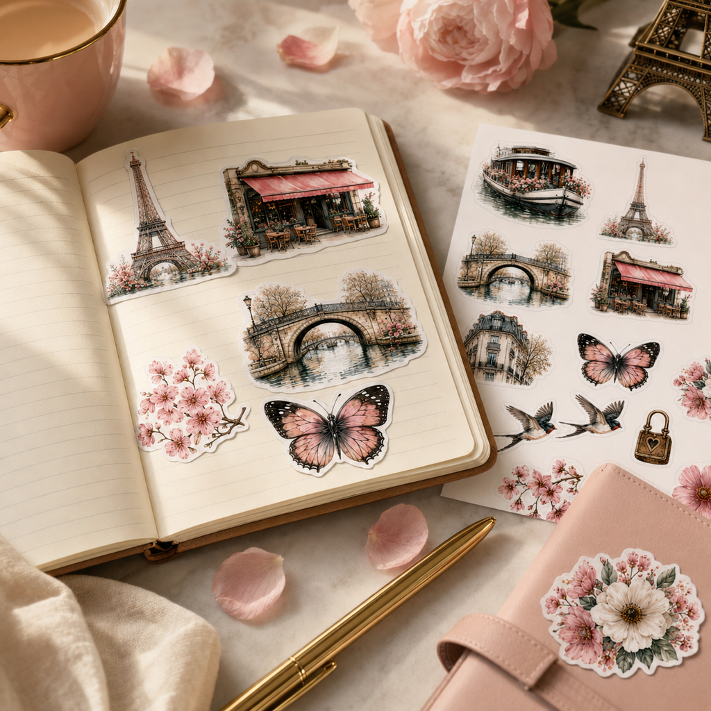 Paris themed stickers decorating a travel journal and blush planner