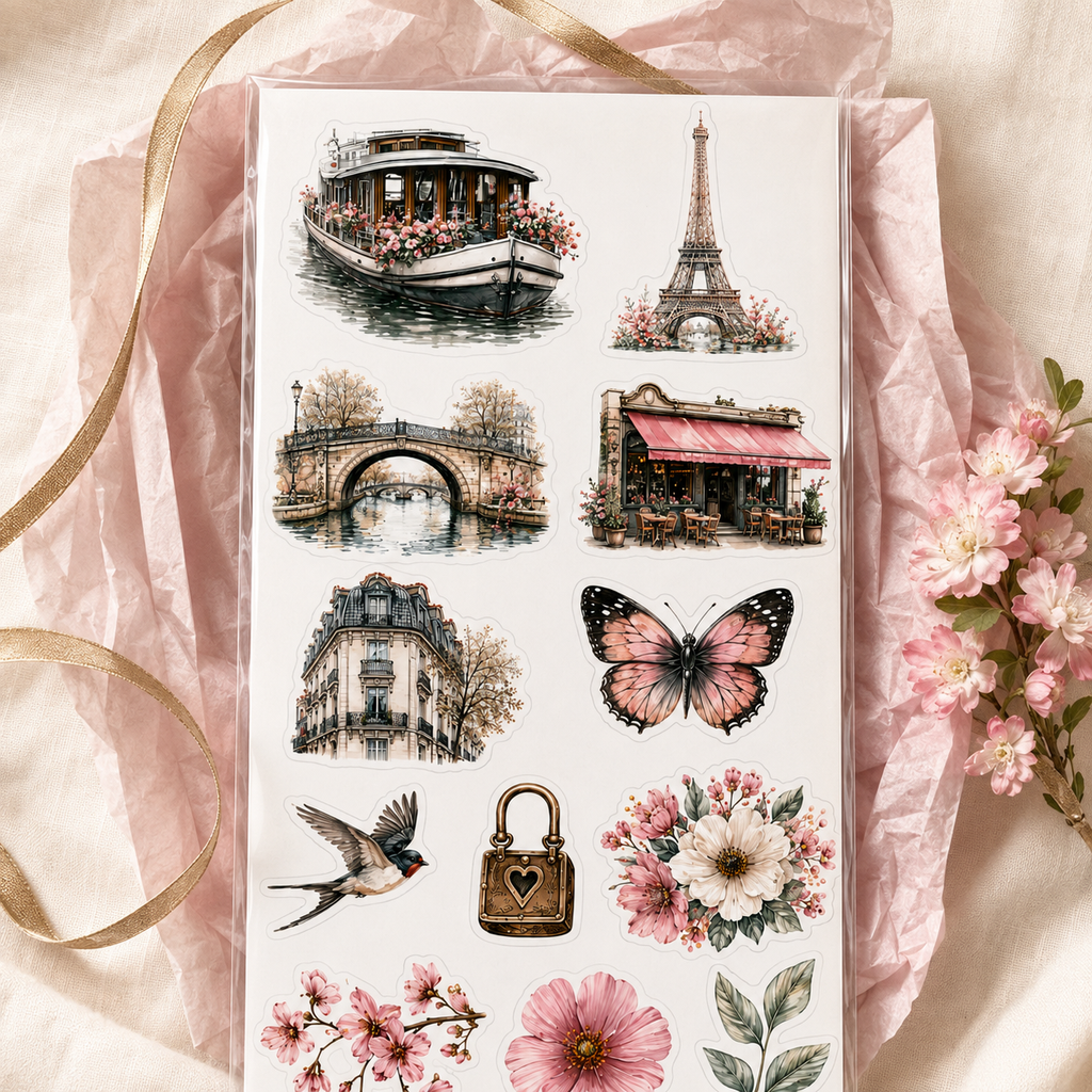 Paris Blossom sticker sheet in gift-ready blush packaging
