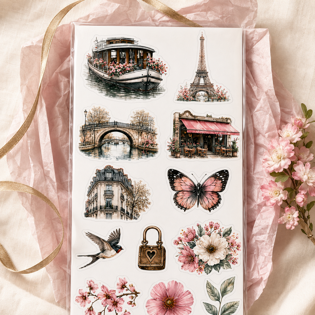 Paris Blossom sticker sheet in gift-ready blush packaging