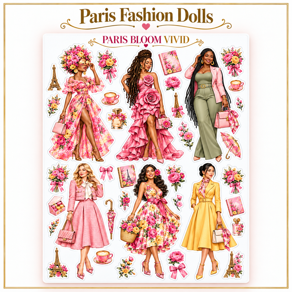 Paris Fashion Dolls medium sticker sheet design with six diverse women in pink, floral, green and yellow outfits