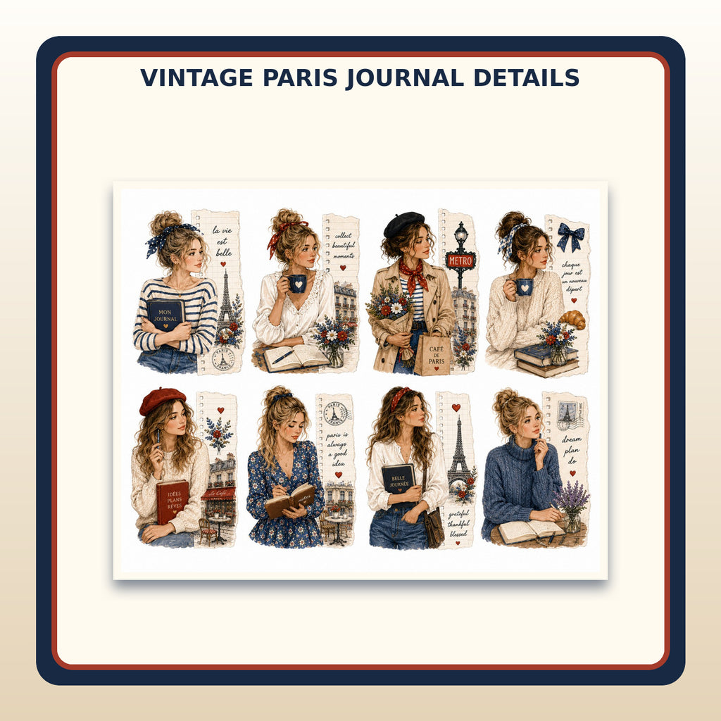 Close-up of vintage Paris journal edge doll sticker artwork