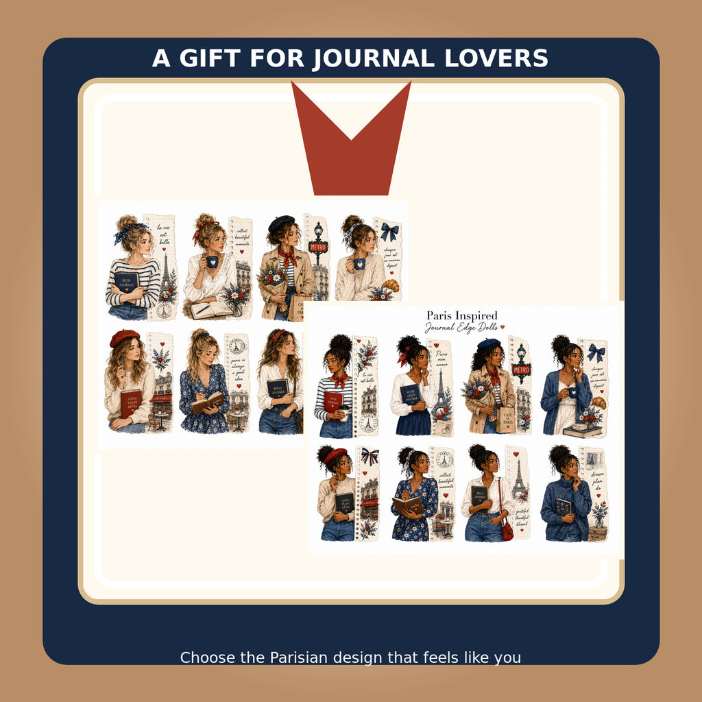 Two Parisian journal edge doll designs presented as stationery choices