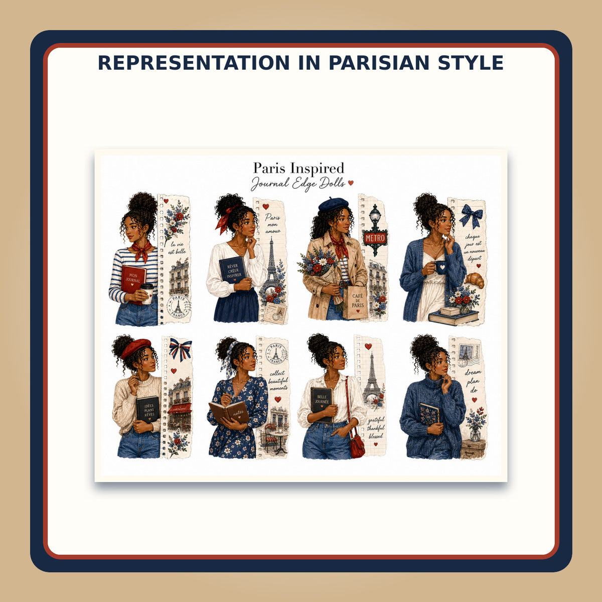 Parisian Chic Melanin sticker sheet in a coordinated lifestyle mockup