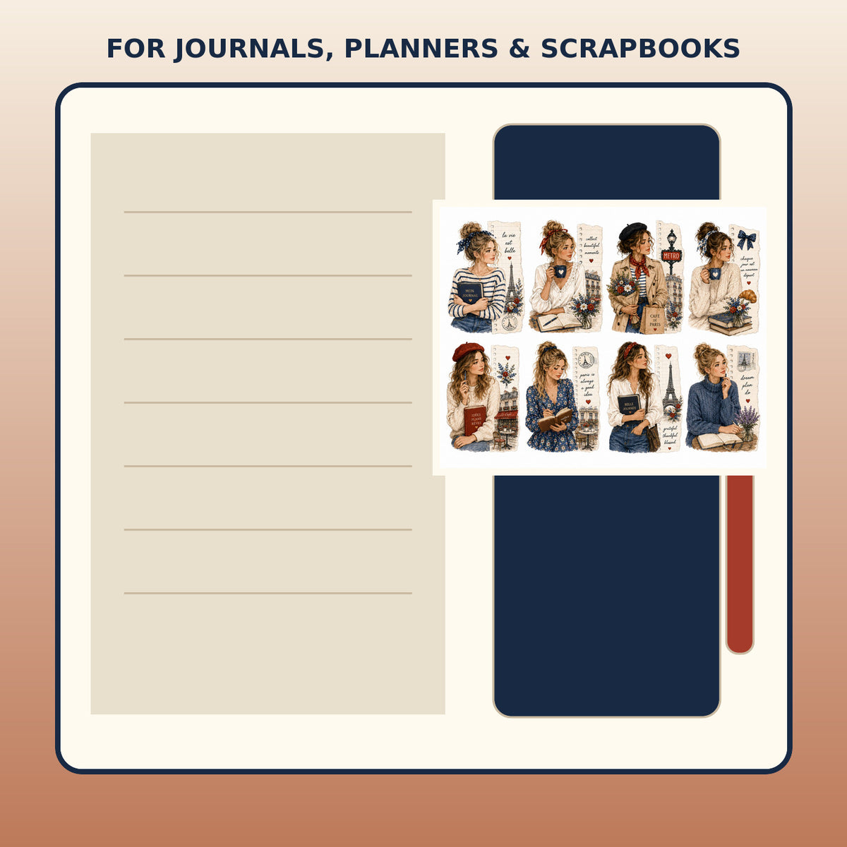 Parisian journal edge doll stickers shown beside a planner