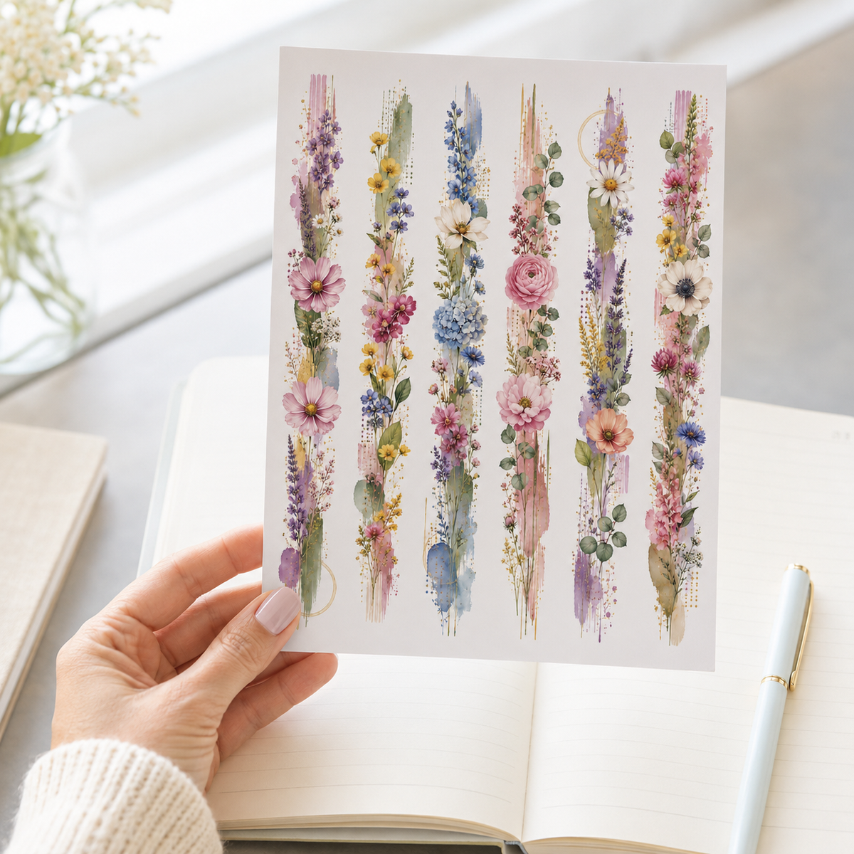Pastel wildflower border sticker sheet held above an open planner