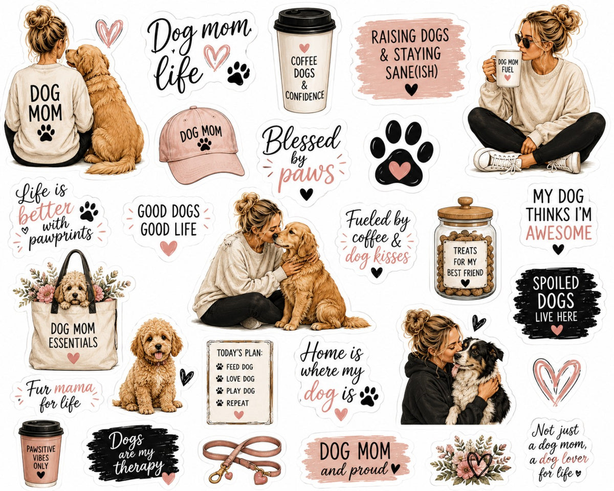 Pink Dog Mum Essentials Two sticker sheet design