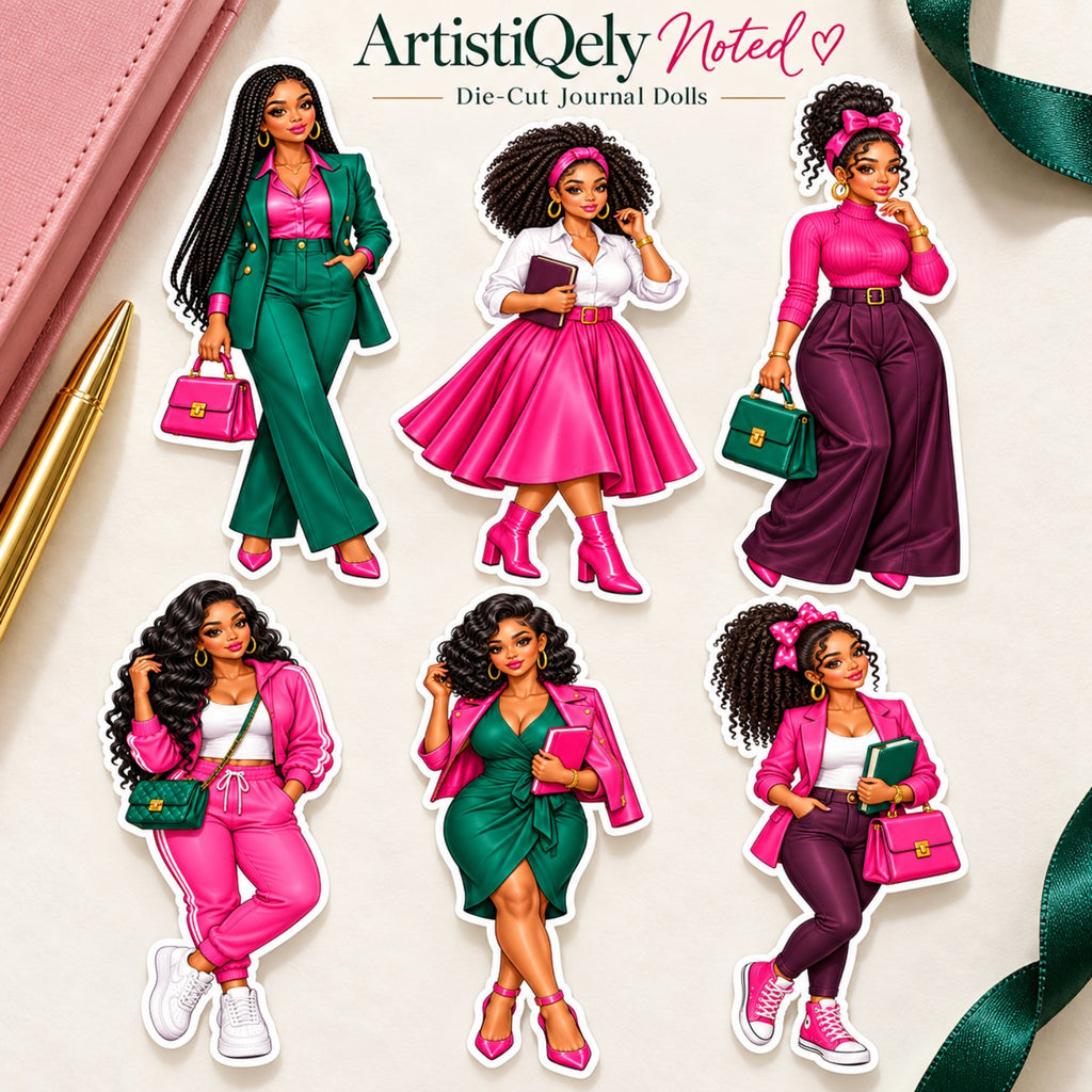Six Black woman journal doll stickers in hot pink, emerald and plum fashion outfits with braids, curls, handbags and books