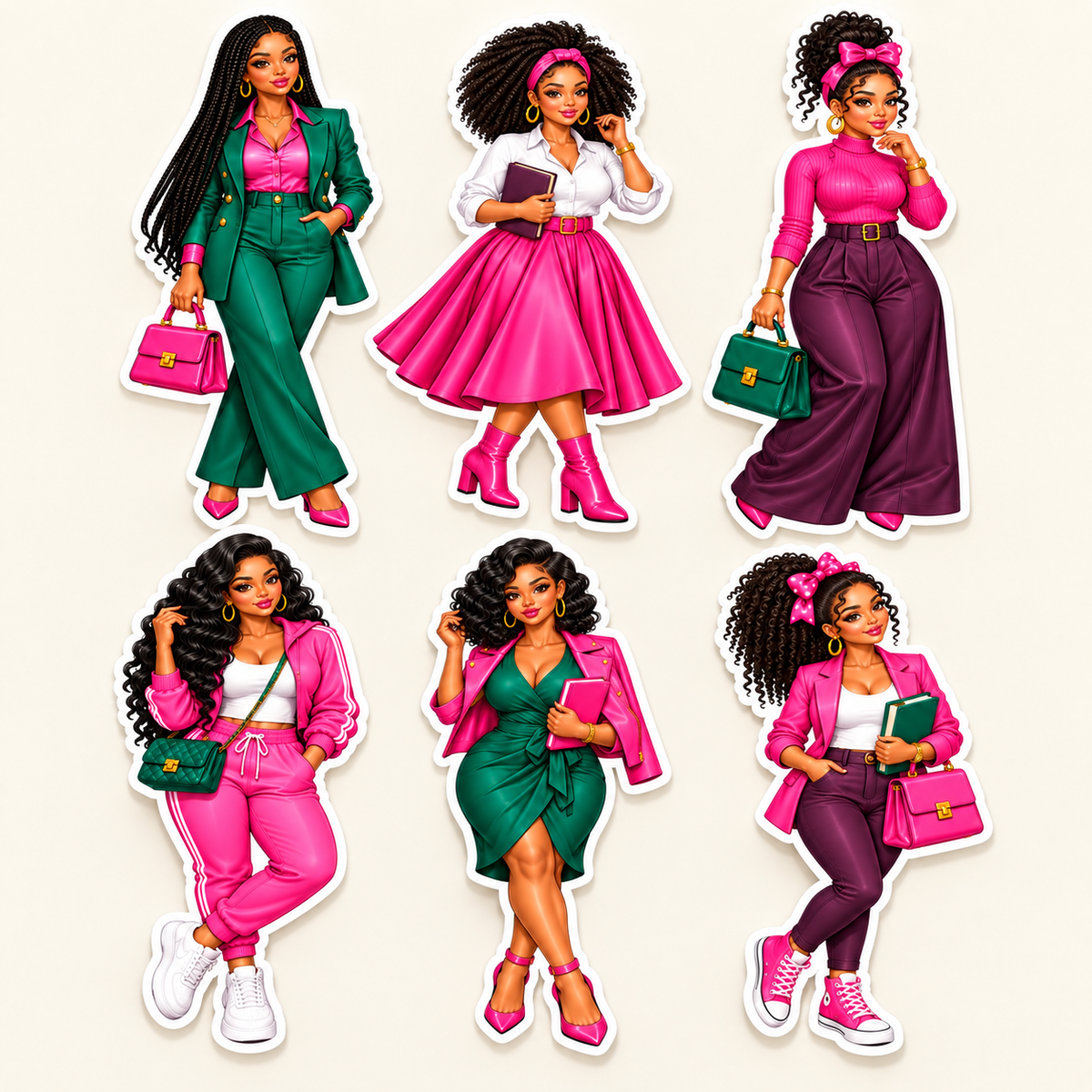 Complete six-doll sticker set on ivory showing full-body Black women in pink, emerald and plum outfits