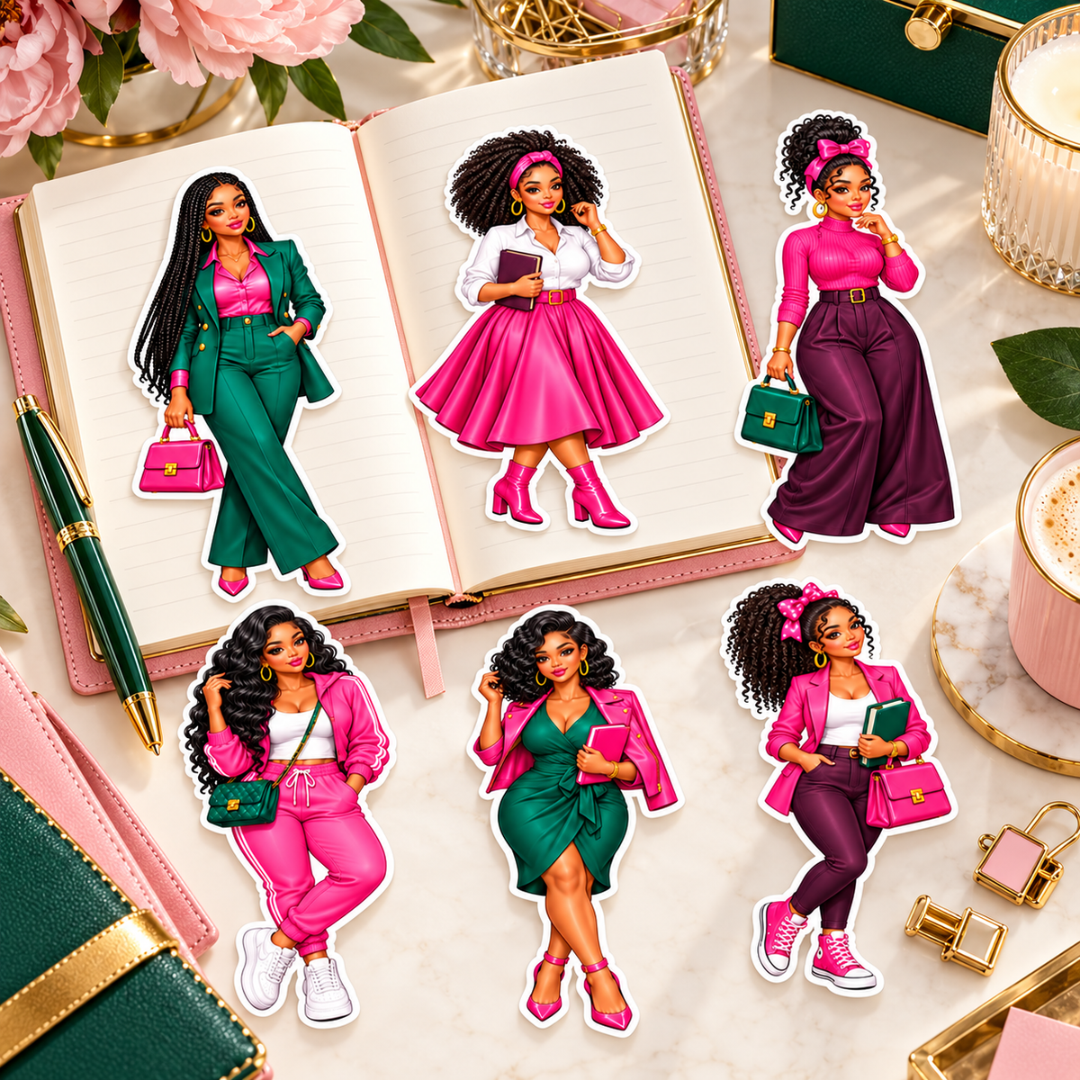 Pink and emerald fashion doll stickers decorating an open pink journal with the other four dolls beside it