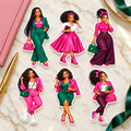 Six pink, emerald and plum Black woman journal doll stickers styled on ivory marble with a pink journal and gold pen