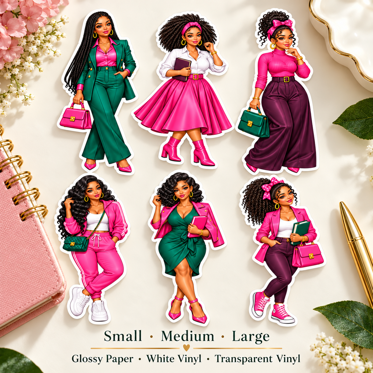 Six Black woman journal dolls with guide to Small, Medium and Large sizes and Glossy Paper, White Vinyl and Transparent Vinyl materials