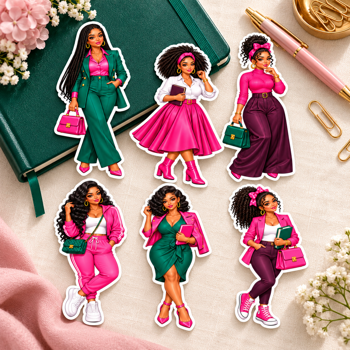 Six fashion journal doll stickers beside an emerald notebook, pink pen and gold stationery on cream linen