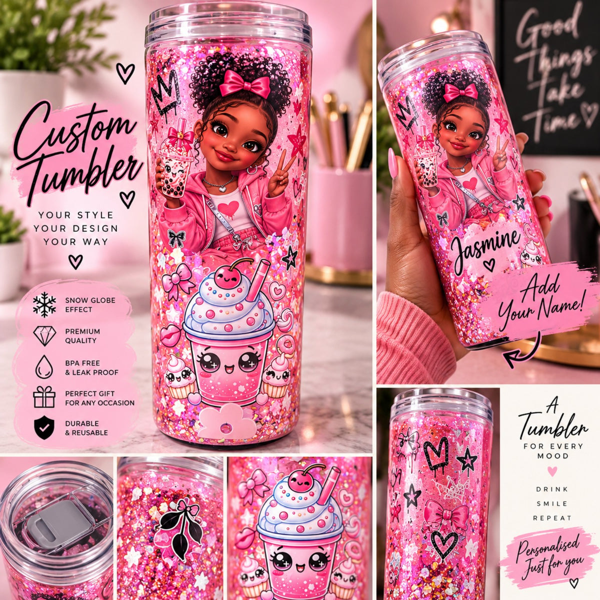 Pink personalised custom tumbler with snow-globe effect and name personalisation
