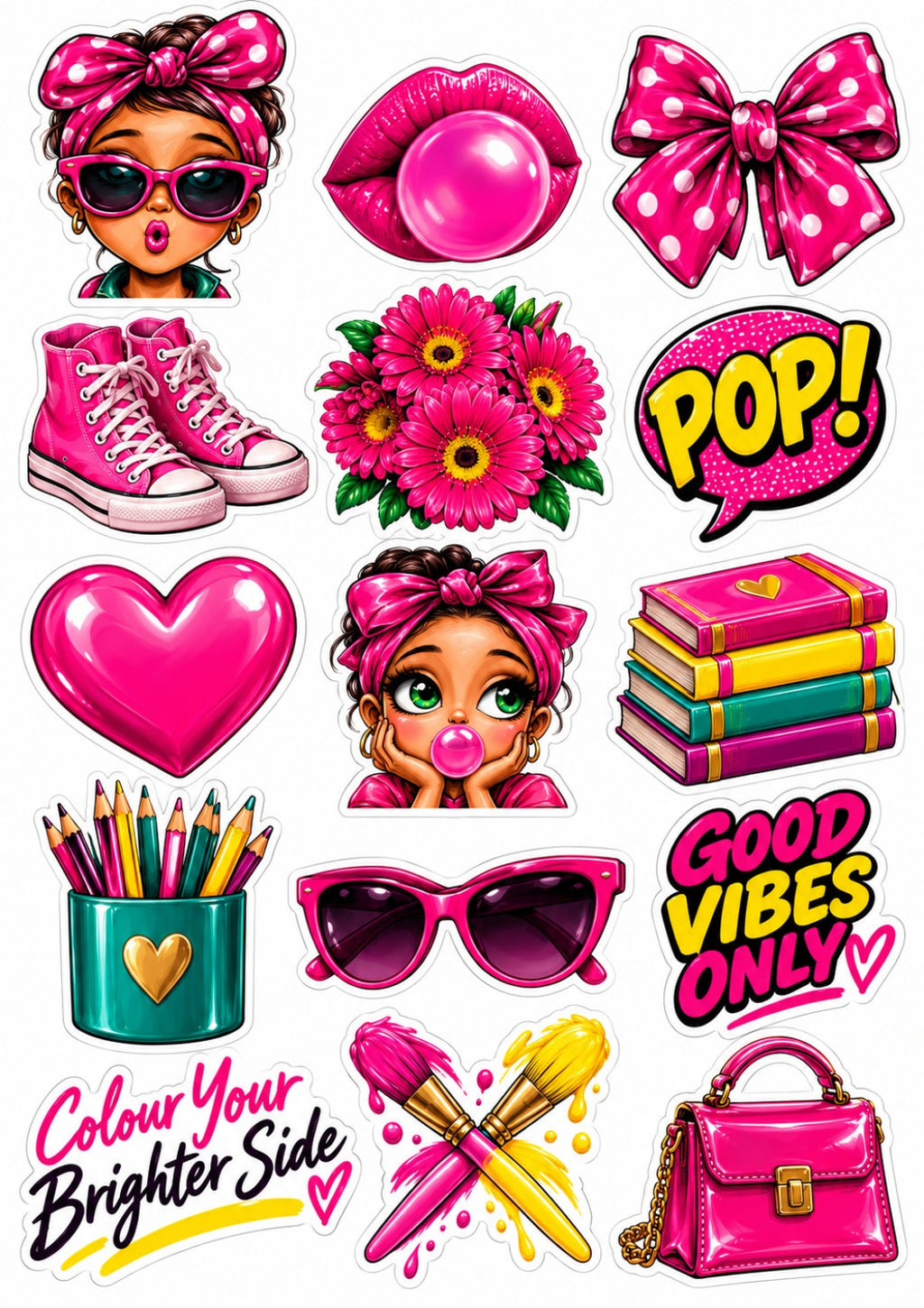 Pink Pop sticker artwork with bubblegum girls, bows, sneakers, flowers, books, pencils, paintbrushes and positive quotes
