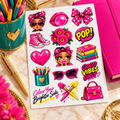 Pink Pop bubblegum girl sticker set styled with a hot pink journal, teal pencil cup and gold pen