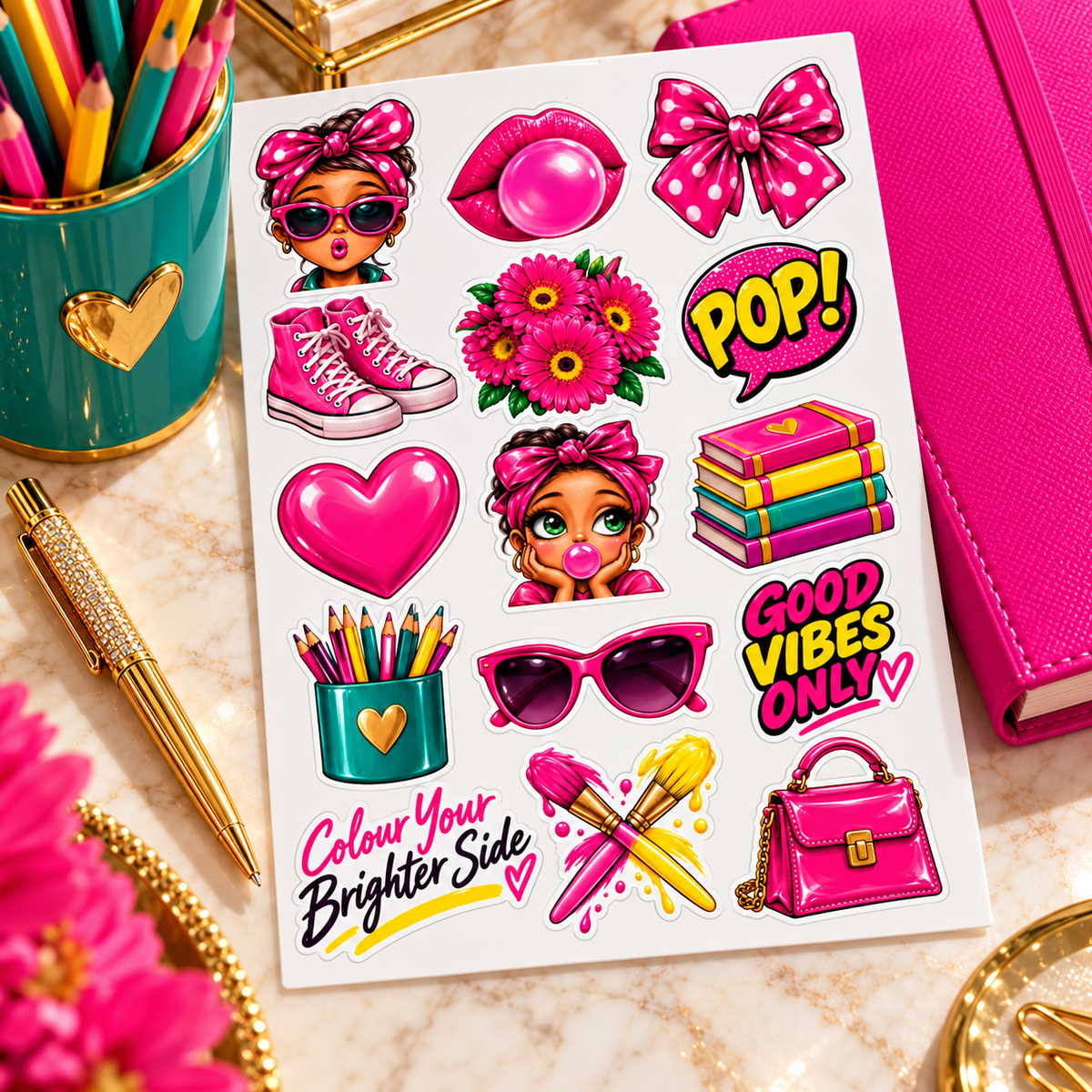 Pink Pop bubblegum girl sticker set styled with a hot pink journal, teal pencil cup and gold pen