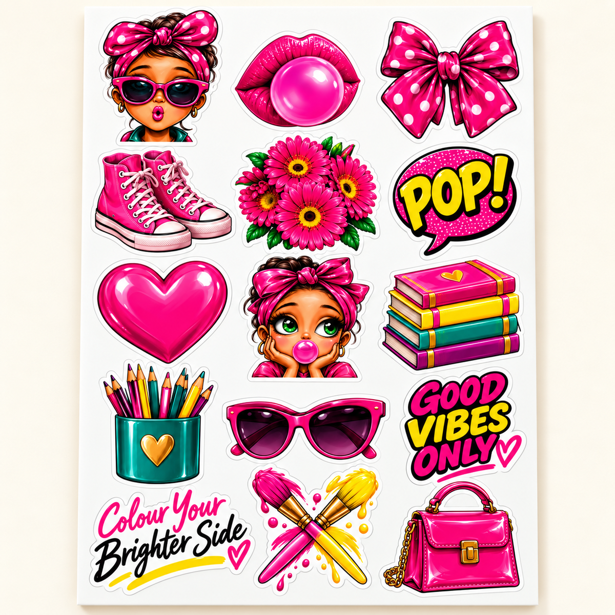 Complete Pink Pop sticker sheet on ivory showing bubblegum girls, bows, flowers, art supplies and quotes