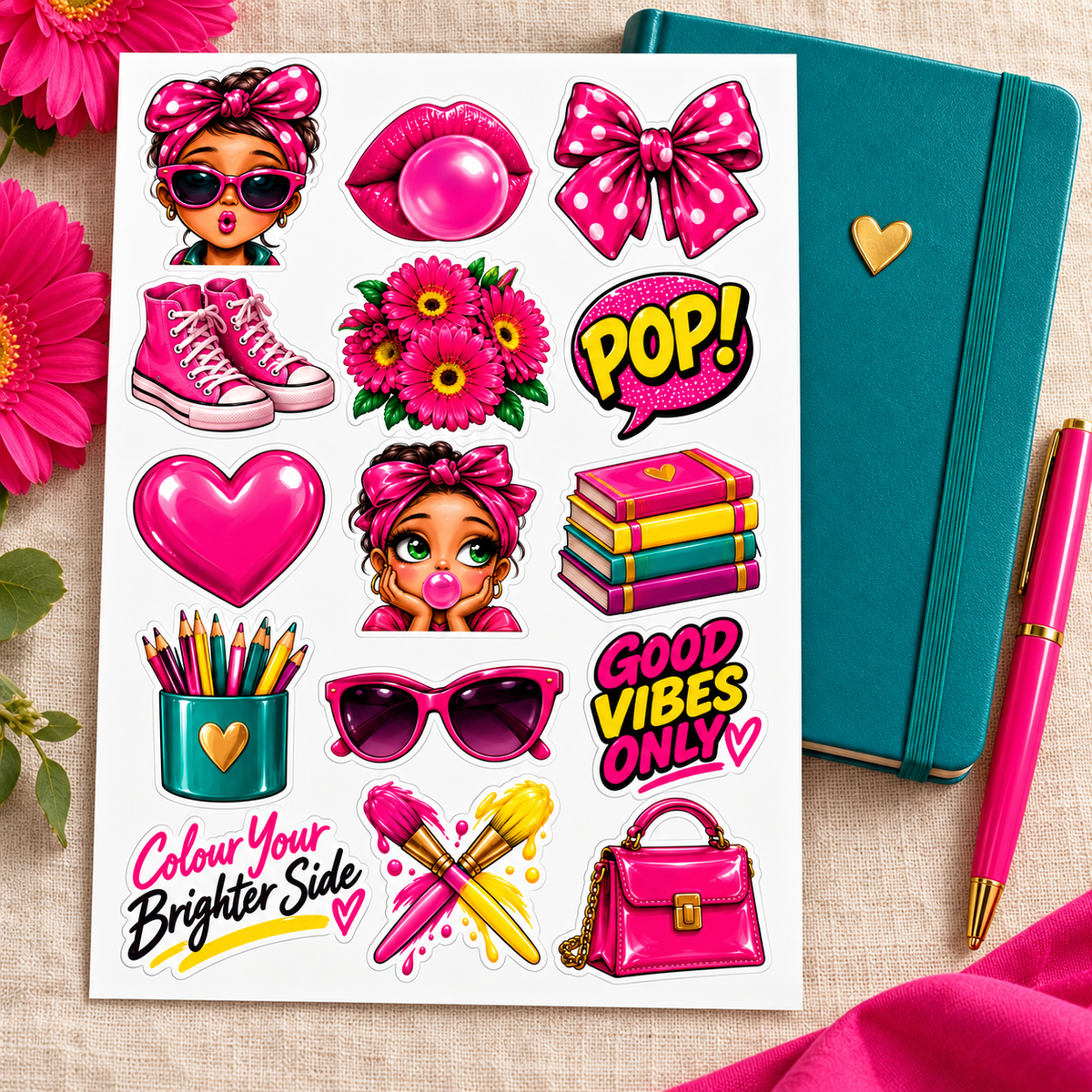 Pink Pop bubblegum girl sticker sheet beside a teal journal and hot pink pen on cream linen