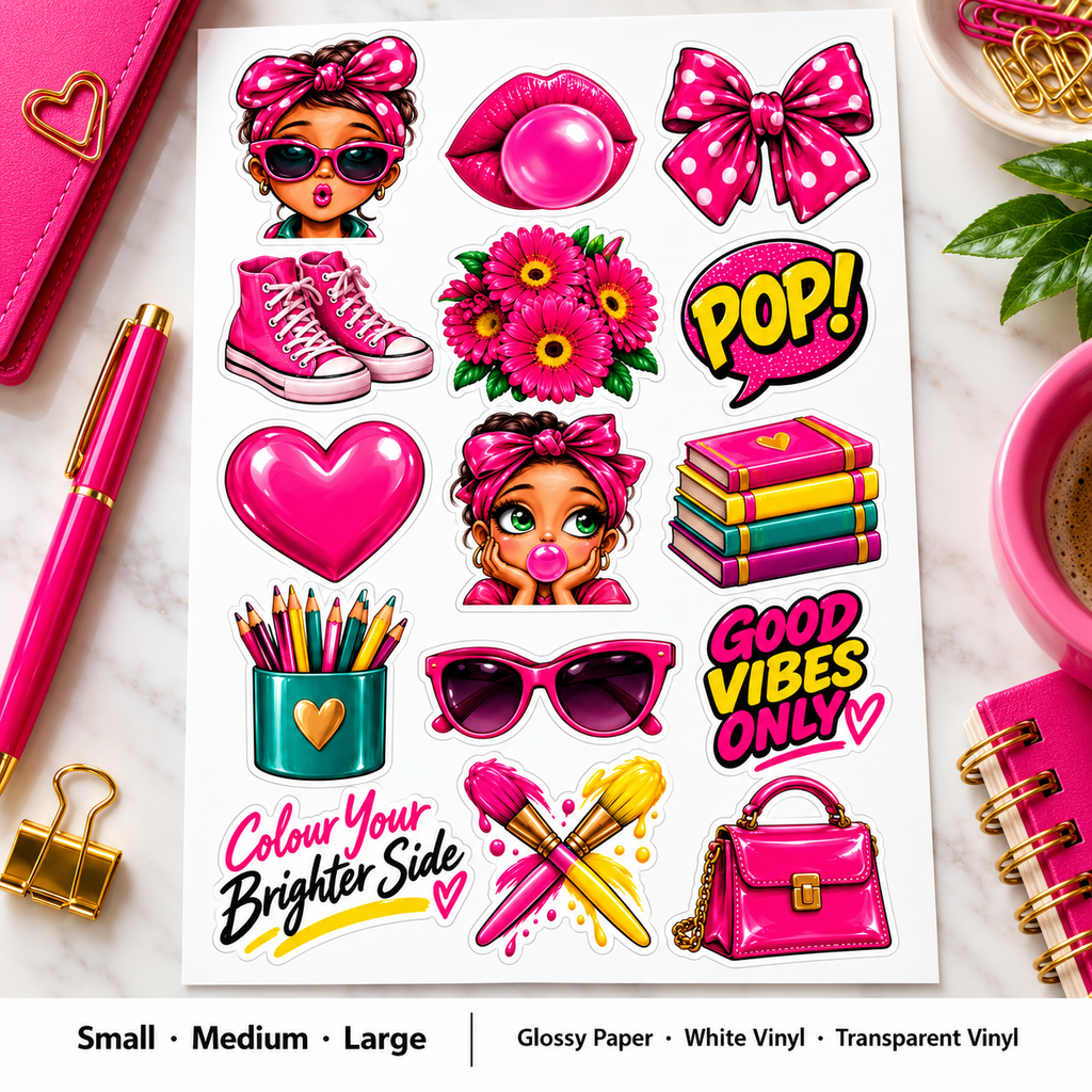 Pink Pop sticker set size and material guide with three sizes and glossy paper, white vinyl or transparent vinyl
