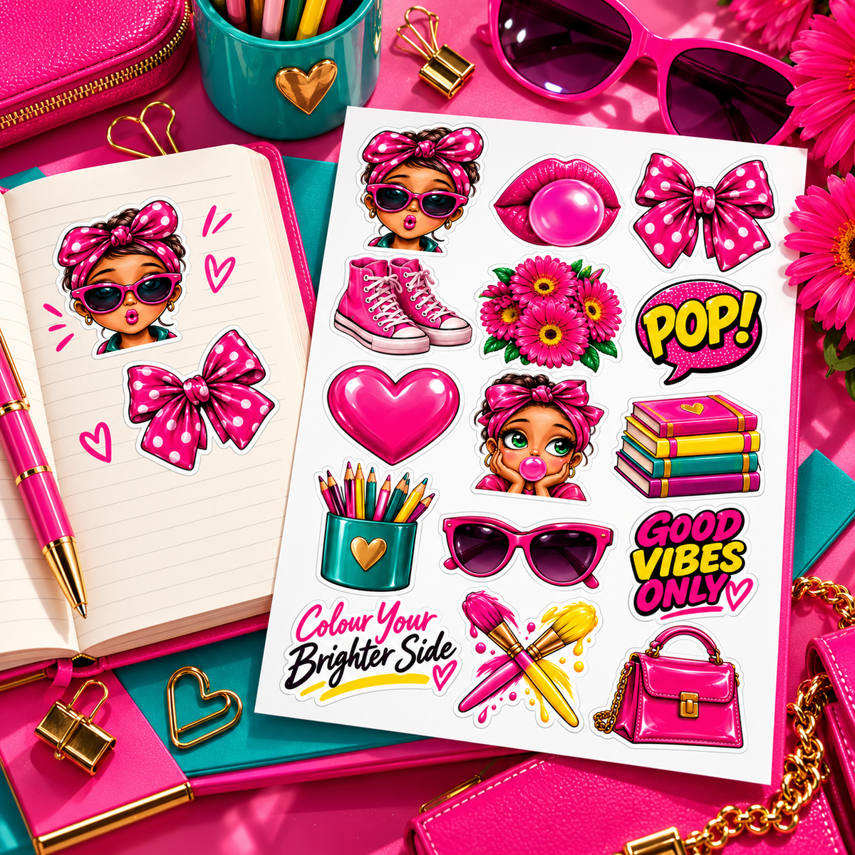 Pink Pop girl and bow stickers decorating an open journal beside the complete sheet with pink and teal stationery