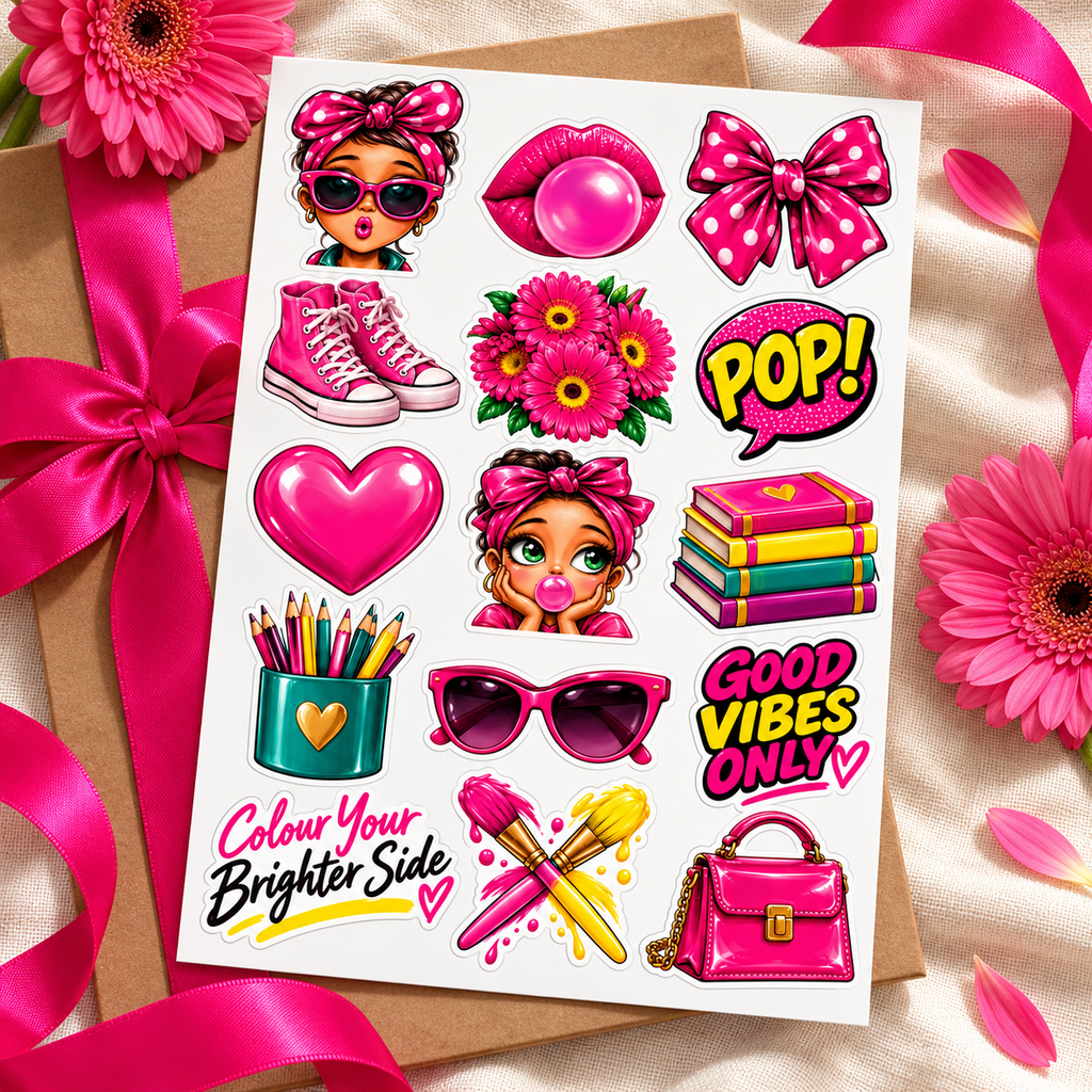 Pink Pop bubblegum girl sticker sheet presented with kraft packaging, pink ribbon and flowers