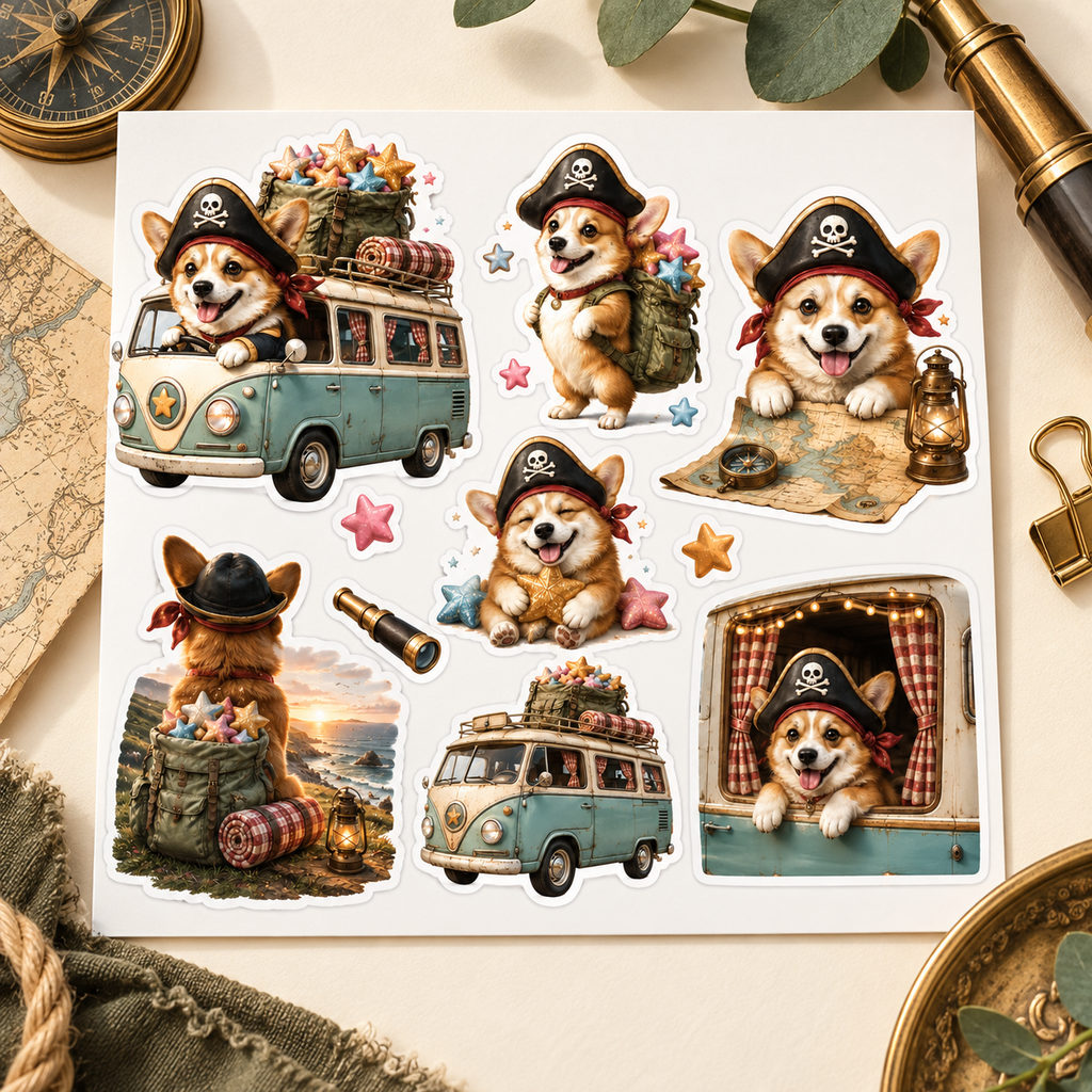 Pirate Corgi Wanderlust — closeup luxury sticker sheet mockup