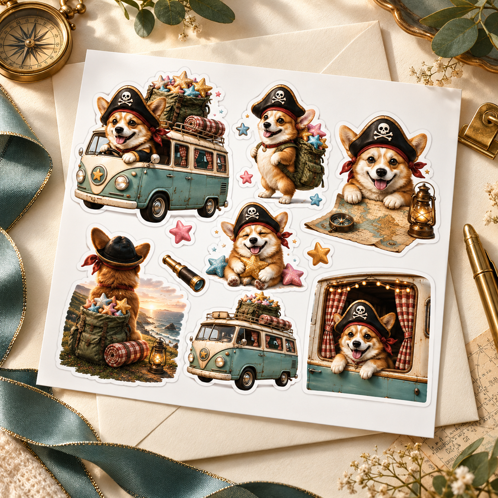 Pirate Corgi Wanderlust — gift luxury sticker sheet mockup