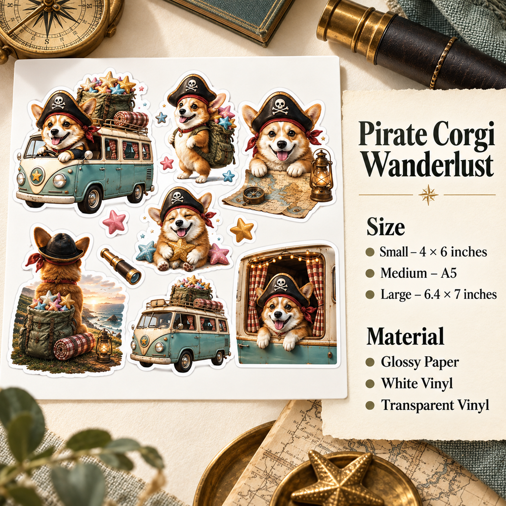 Pirate Corgi Wanderlust — guide luxury sticker sheet mockup