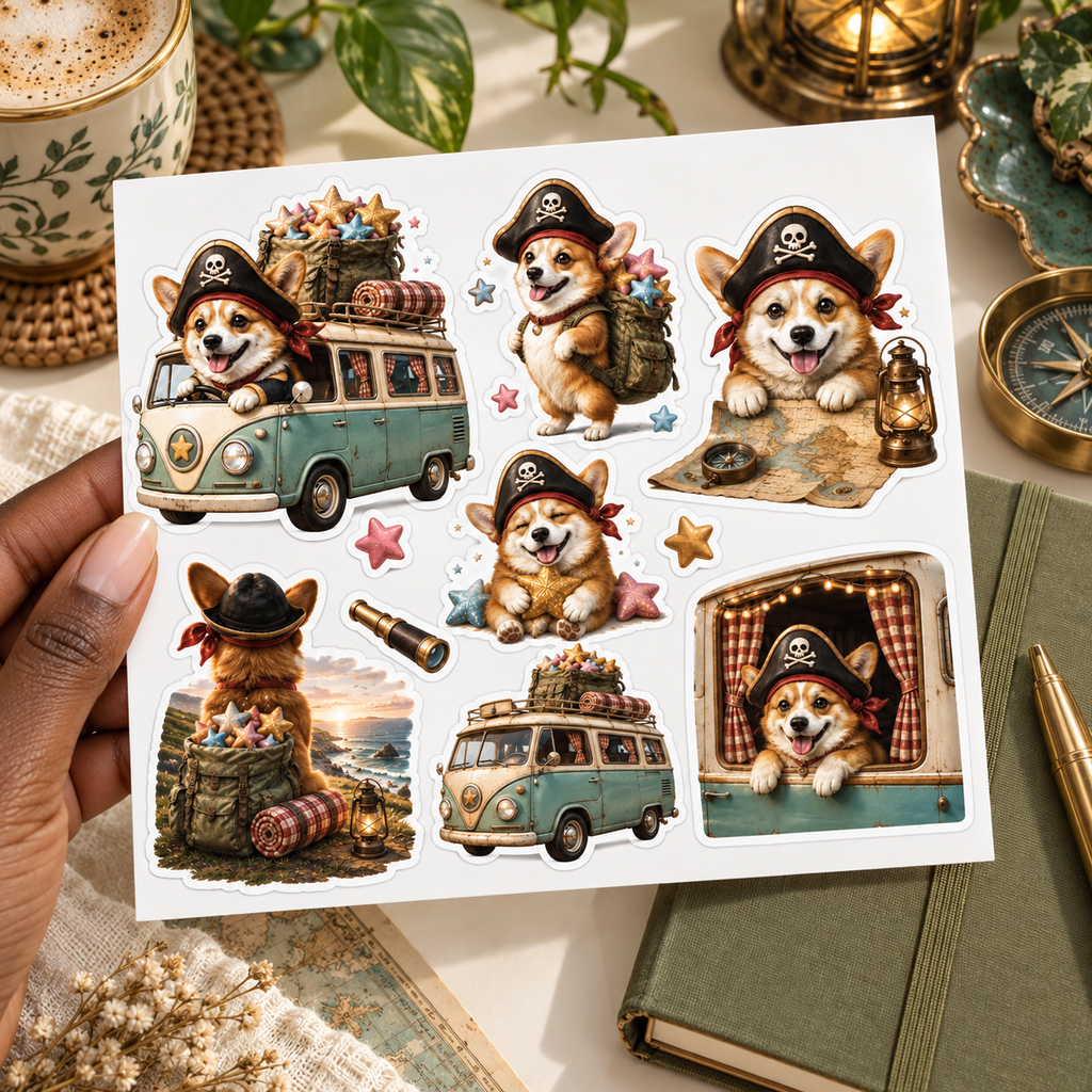 Pirate Corgi Wanderlust — hand luxury sticker sheet mockup