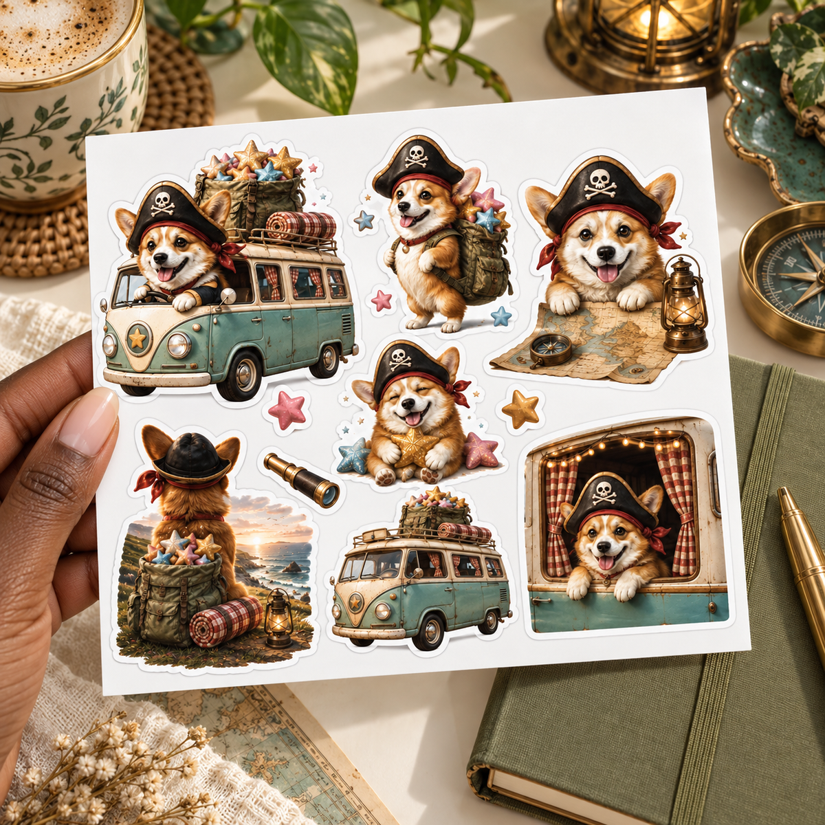 Pirate Corgi Wanderlust — hand luxury sticker sheet mockup