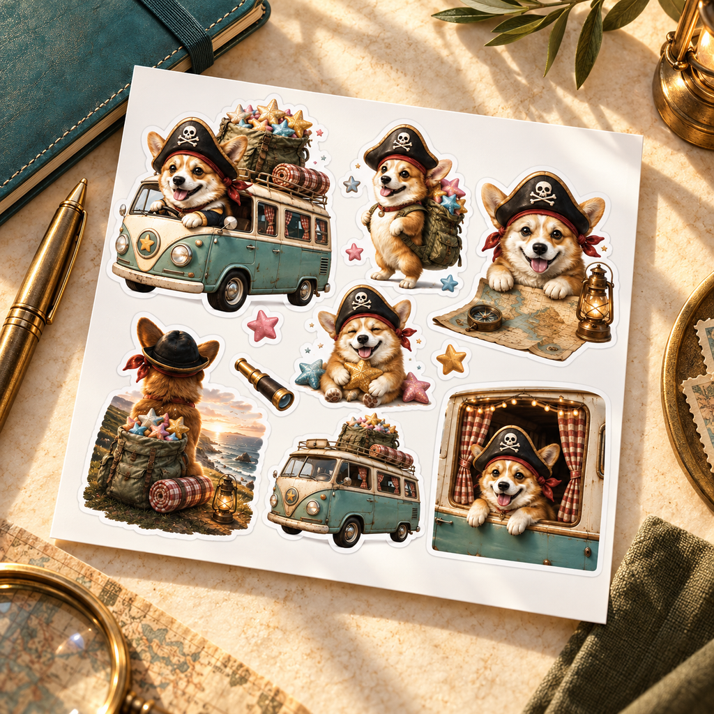 Pirate Corgi Wanderlust — hero luxury sticker sheet mockup