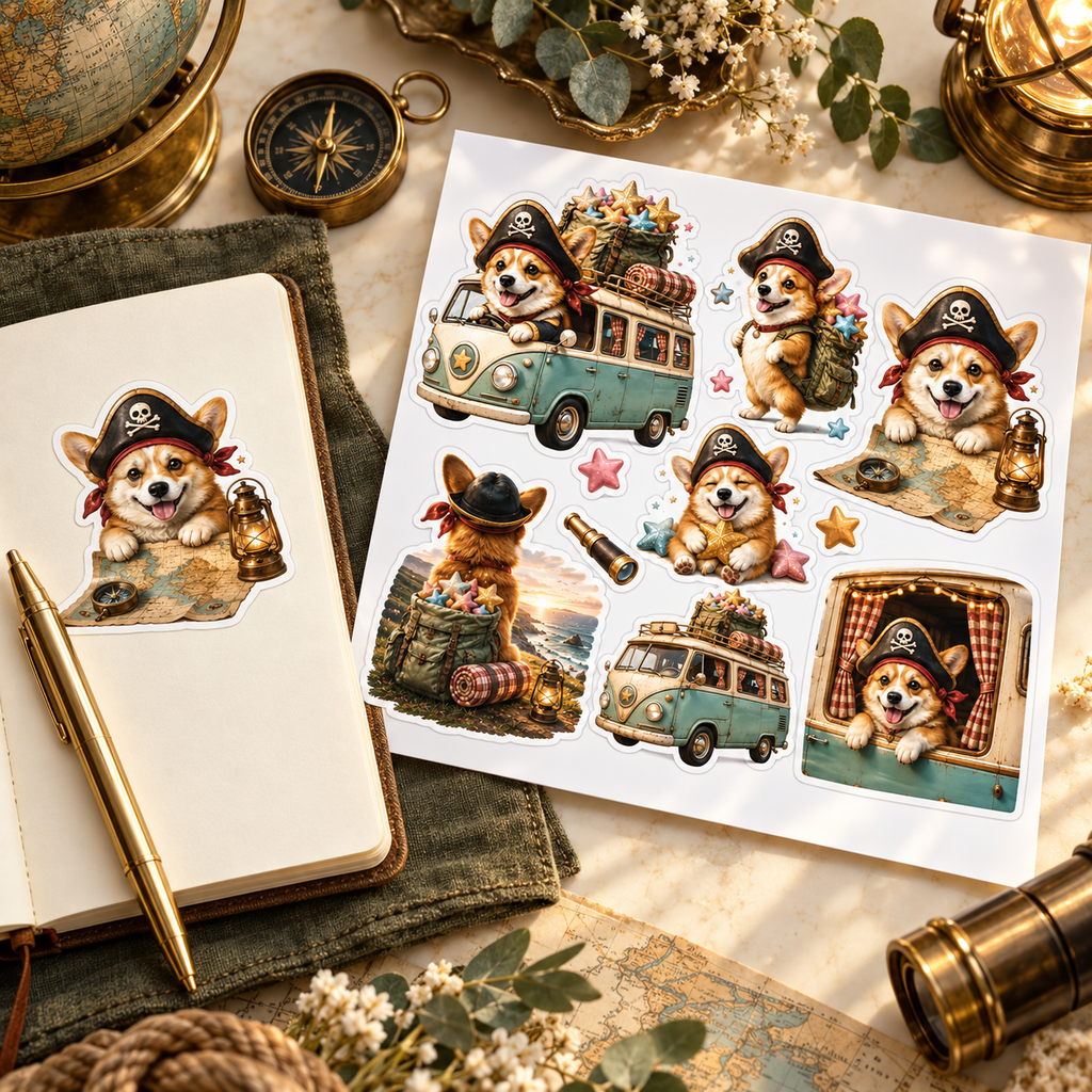 Pirate Corgi Wanderlust — journal luxury sticker sheet mockup