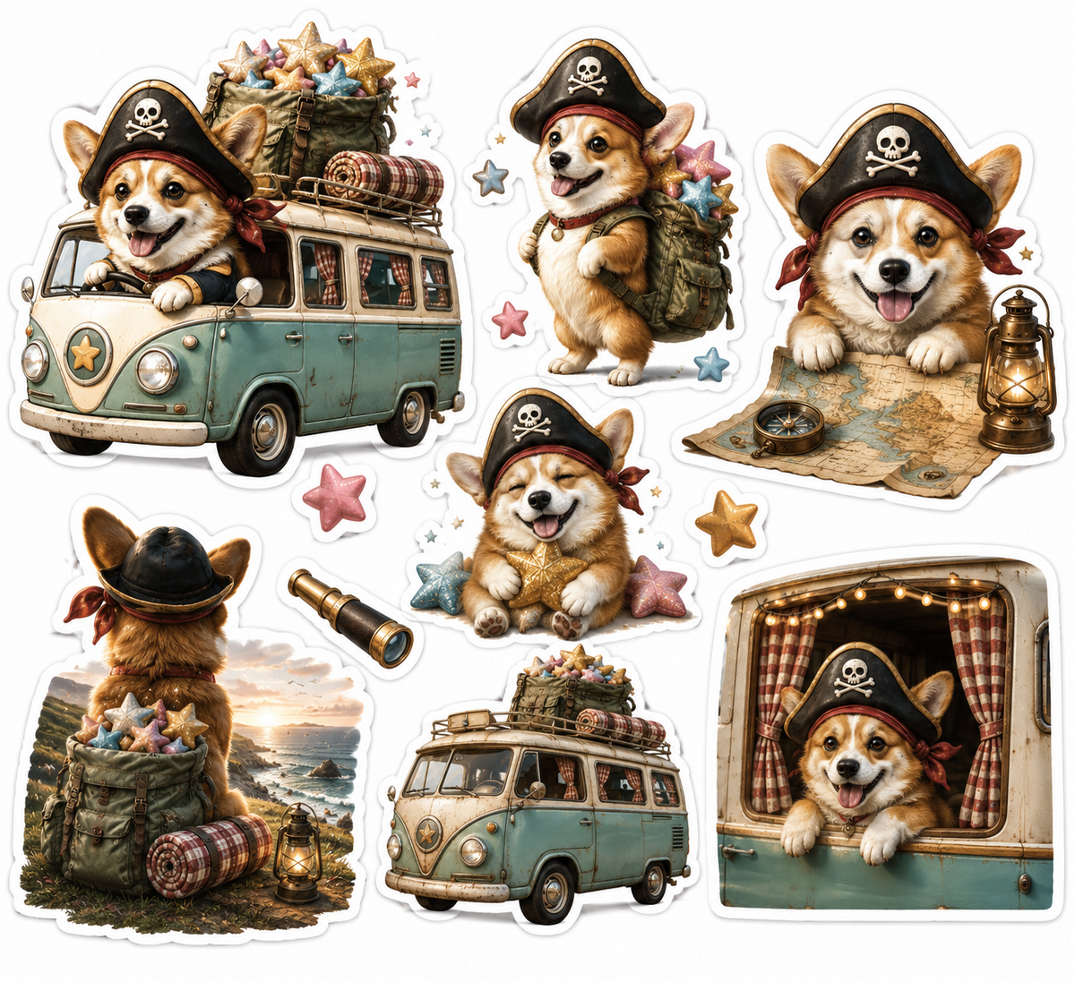 Pirate Corgi Wanderlust original sticker sheet with corgis, campervans, map and lantern