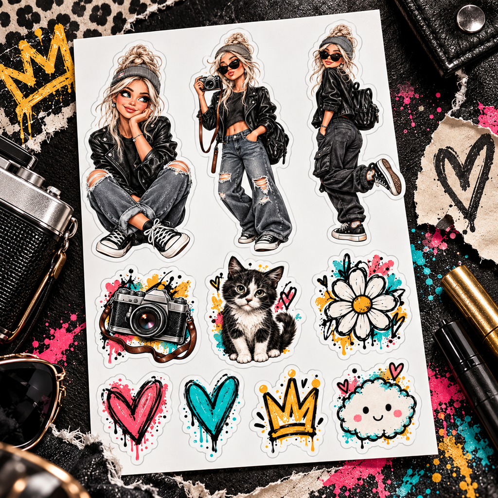 Platinum Rebel Pop die-cut sticker sheet on an edgy black street-art desk