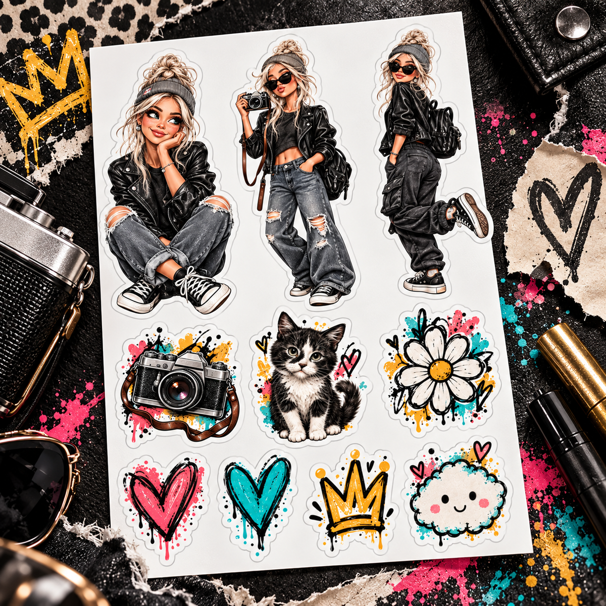 Platinum Rebel Pop die-cut sticker sheet on an edgy black street-art desk