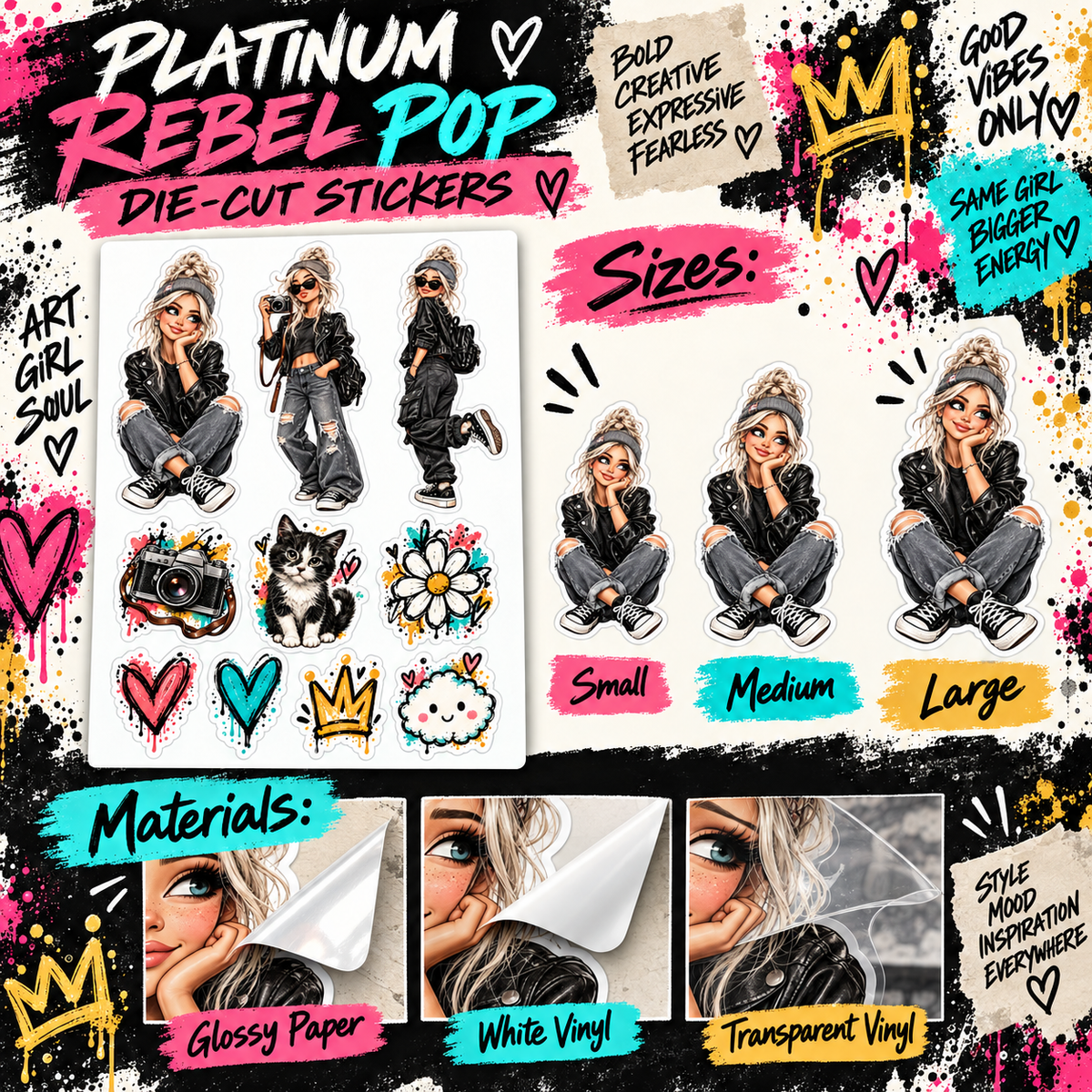 Platinum Rebel Pop Small, Medium and Large die-cut sticker size and material options guide