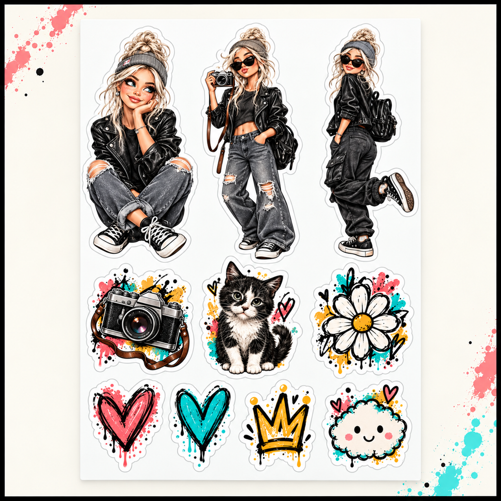 Close-up of Platinum Rebel Pop sticker sheet with three fashion dolls, camera, kitten and colourful doodles