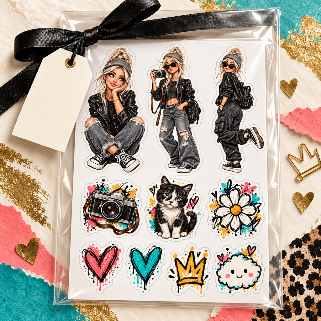Gift-ready Platinum Rebel Pop sticker sheet in a clear sleeve with black ribbon