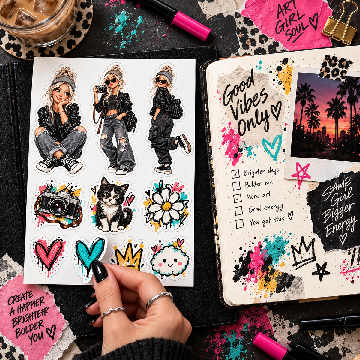 Platinum Rebel Pop sticker sheet beside an urban art journal with a teal heart sticker being selected