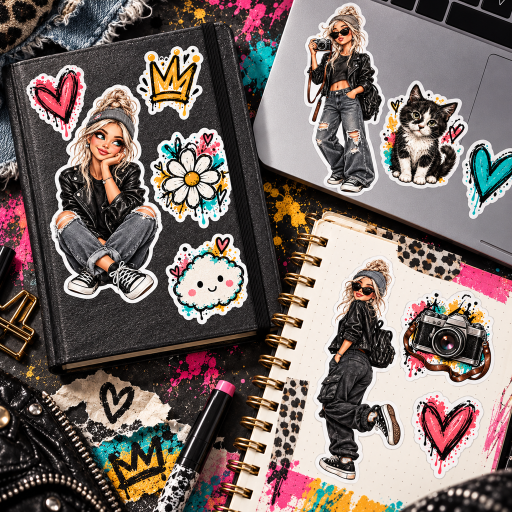 Platinum Rebel Pop stickers decorating a black journal, planner and laptop