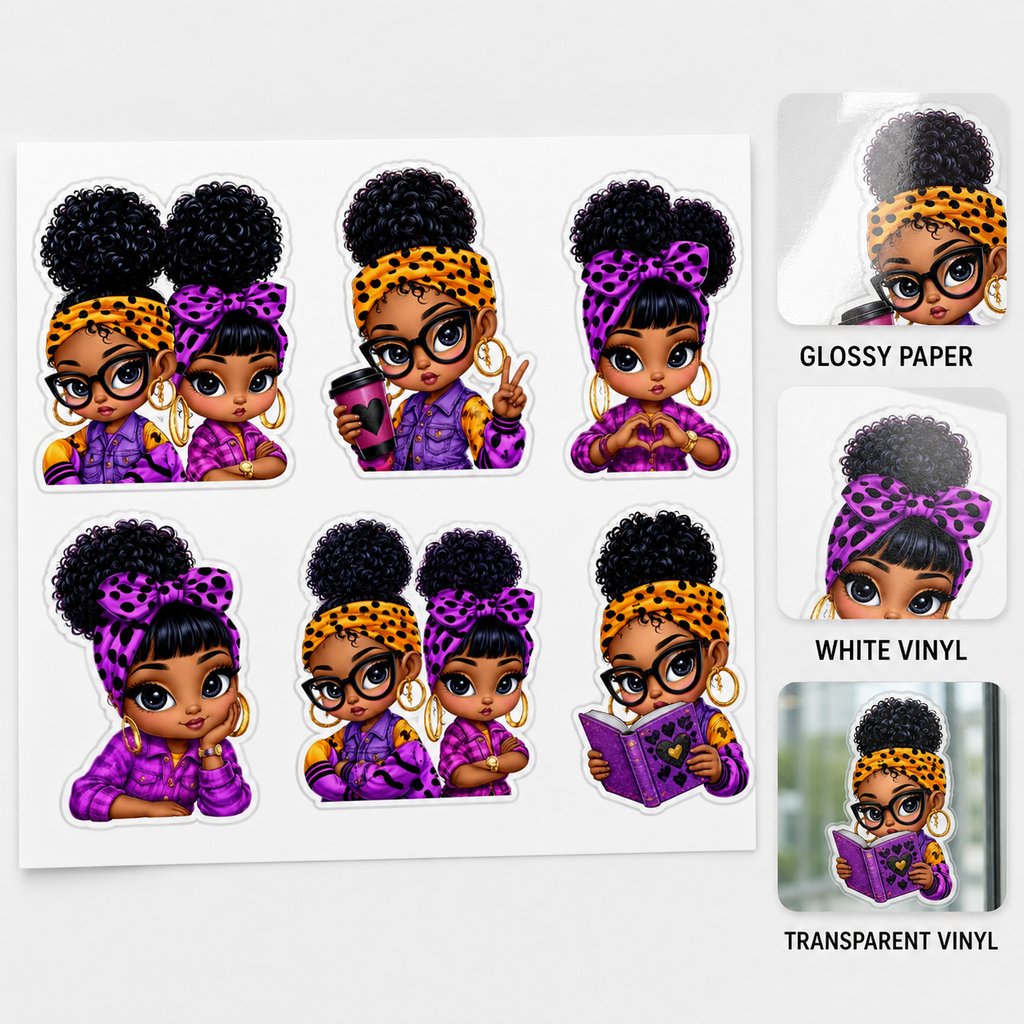 Afro besties sticker sheet with Glossy Paper, White Vinyl and Transparent Vinyl material examples.