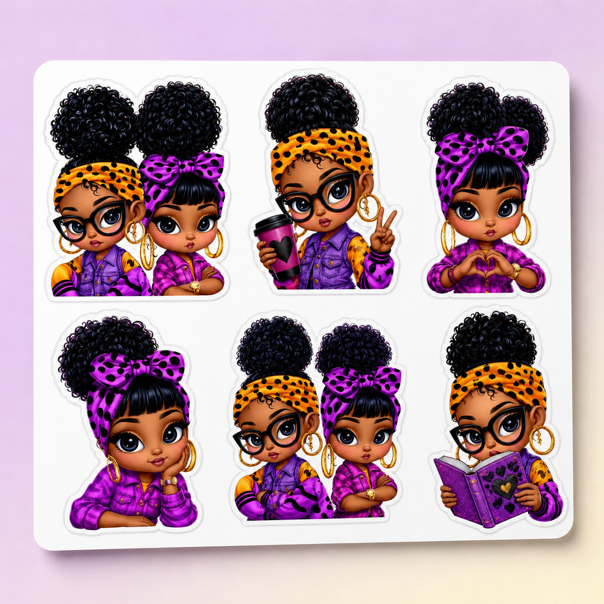 Front-facing close-up of six cute Black girl stickers with afro puffs, purple bows and orange headbands.