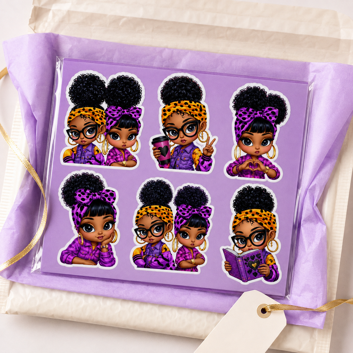 Gift-ready afro-puff besties sticker sheet in a clear sleeve with purple backing and gold ribbon.