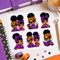 Purple and orange afro-puff besties sticker sheet styled with a purple planner, gold pen and creative stationery.